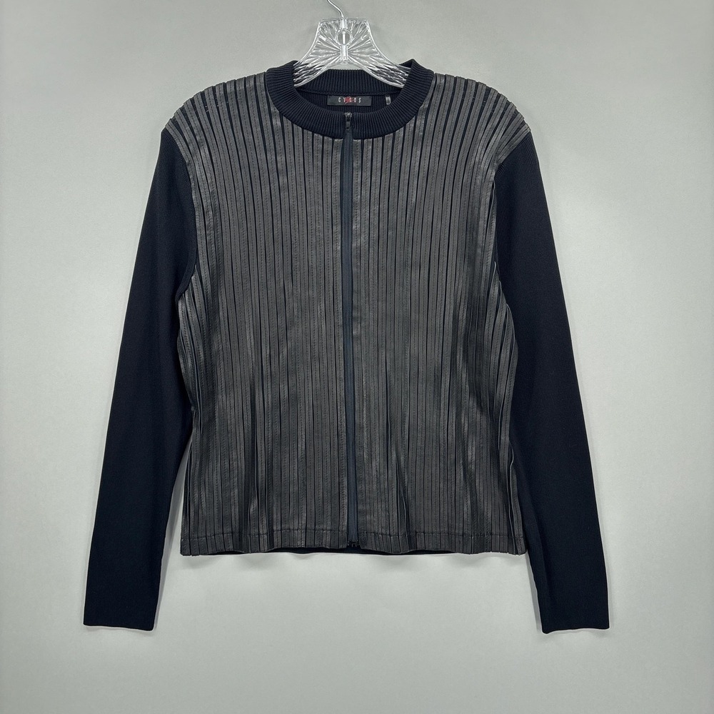 Cyrus Jacket Womens M Black Knit Leather Trim Zip Front Striped Ribbed Bomber